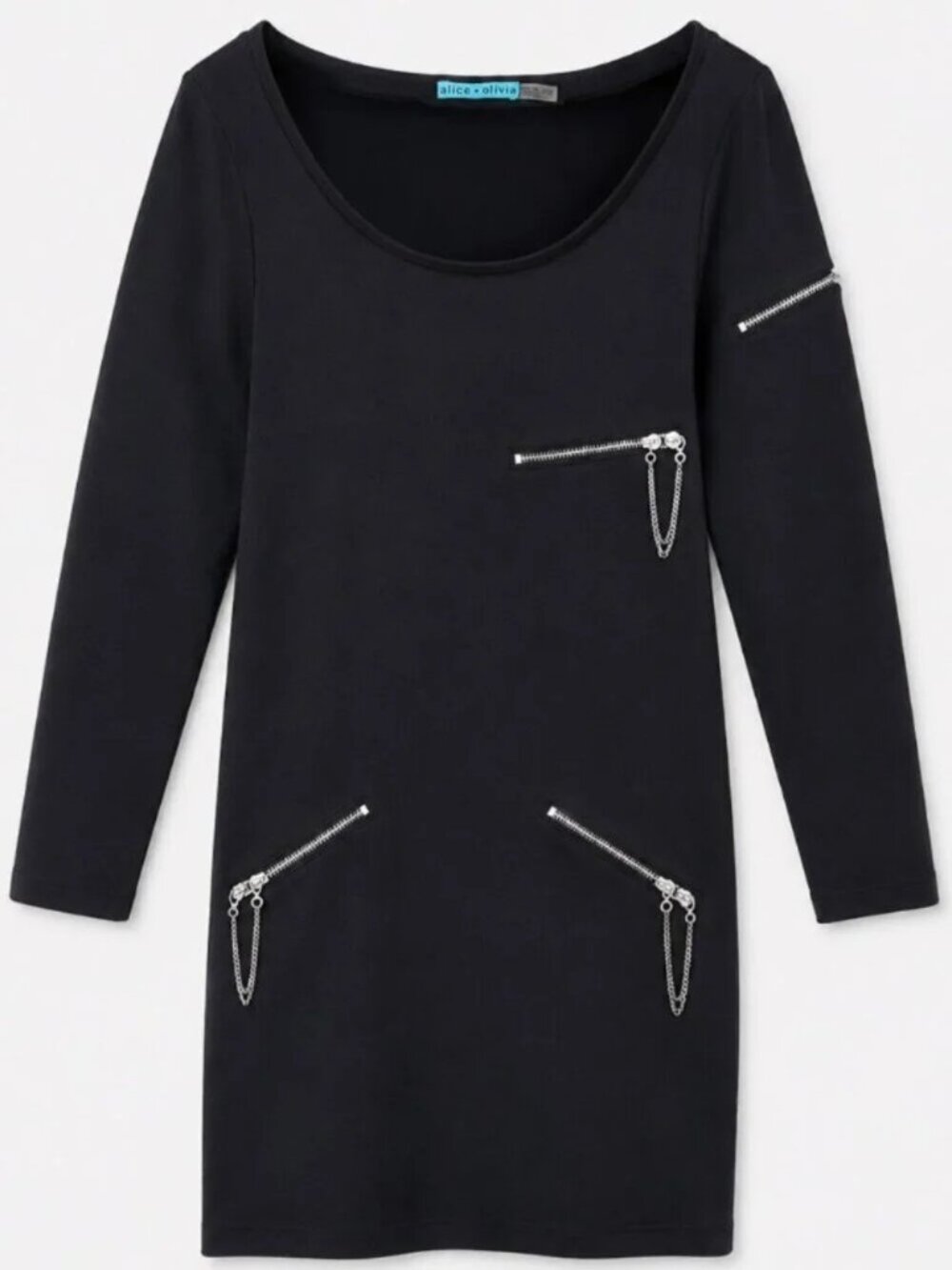 Alice + Olivia Boat Neck Solid Black Zipper Detail Mini Dress